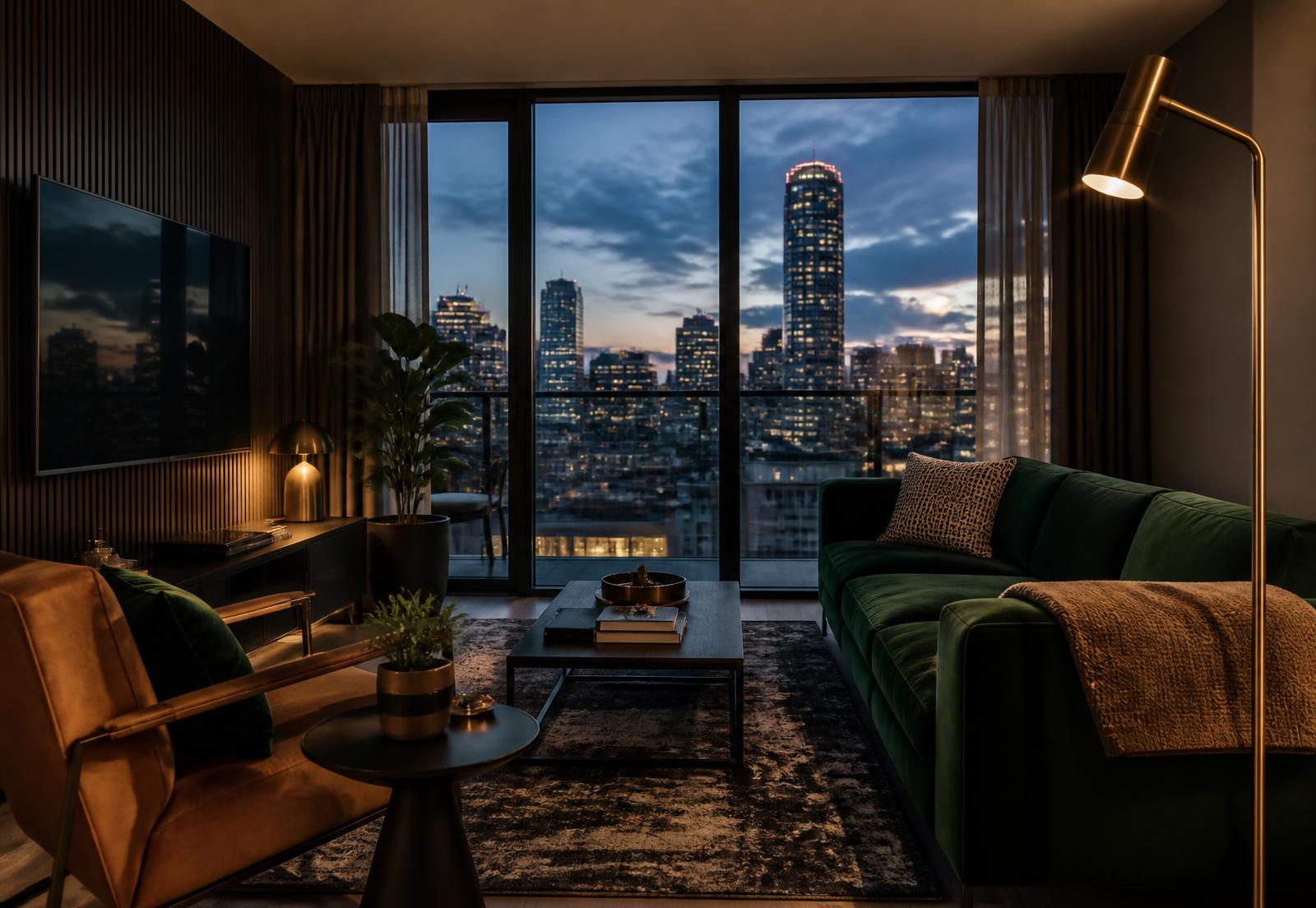 Elegant short-let apartment overlooking a UK city skyline at dusk