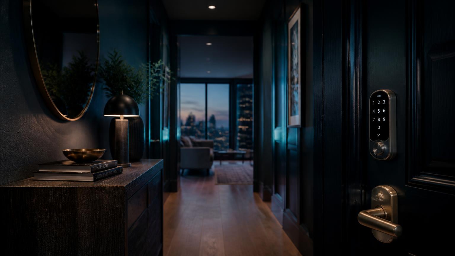 Entrance hallway of a managed short-let apartment with a smart keypad lock